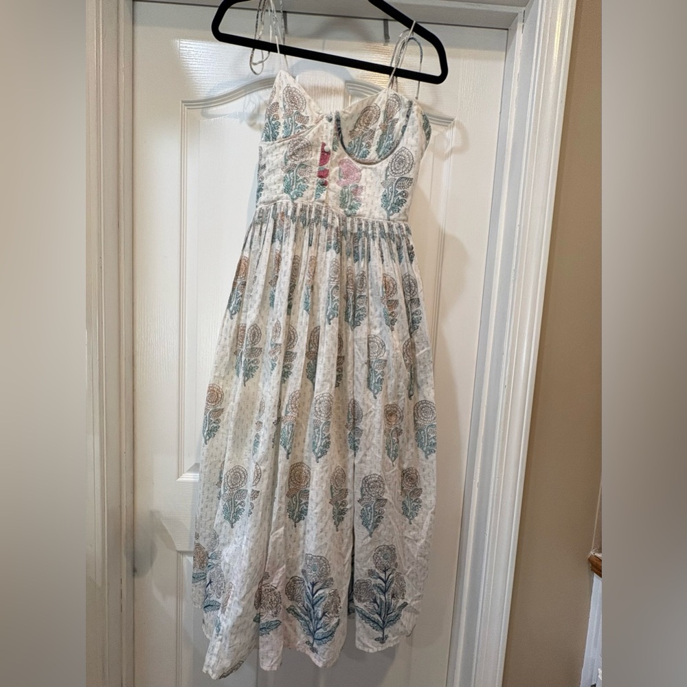 100% Cotton Feminine Airy Cottagecore Boho Pleated Bustier Midi Dress - Picture 2 of 11